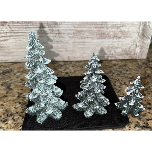 3 Snow Flocked Christmas Trees 3”- 5”in Village Square Mervyns Resin - Picture 7 of 7